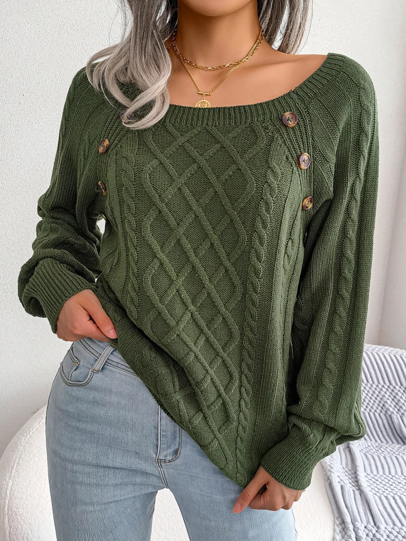 Women Casual Square Collar Buttons Long Sleeve Knitted Pullovers And Sweaters For Autumn Winter 2023