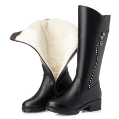 WOIZGIC Women's Genuine Leather Female Ladies Boots Platform Snow Wool Plush Fur Warm Winter Mid Heel Zipper