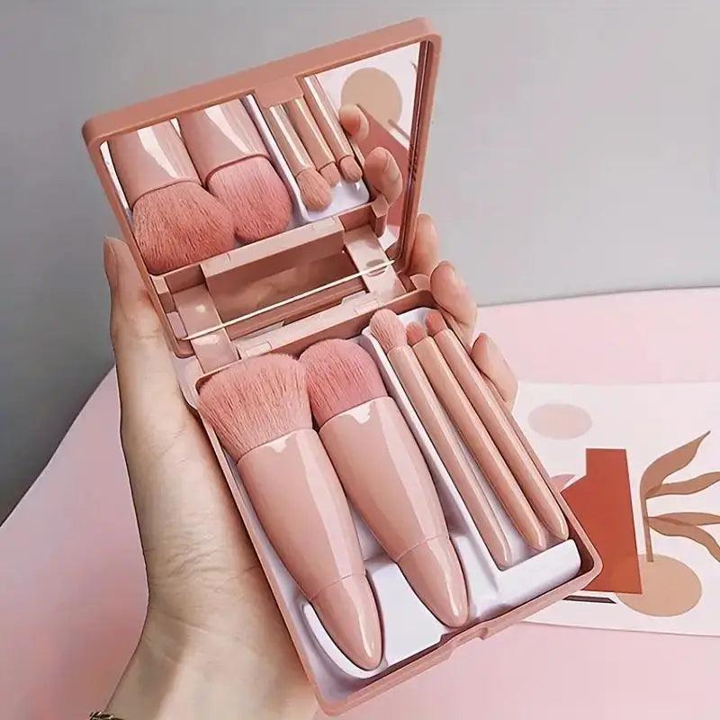 5pcs Travel Size Makeup Brushes Set Mini Makeup Brushes, Small Complete Function Cosmetic Brushes Kit With Case And Mirror Perfe - Jess Deals