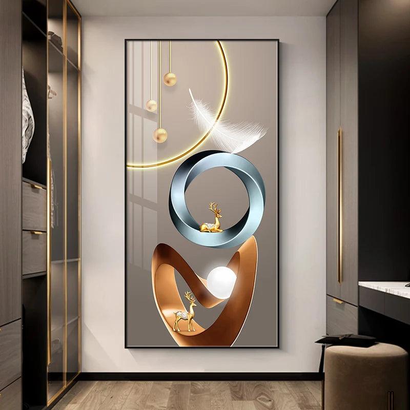 Abstract Luxury Geometry Feather Leaf Light Canvas Painting Deer Decorative Wall Art Golden Living Room - Jess Deals