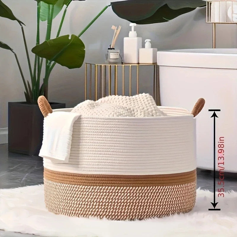 King-size Woven Storage Basket Living Room Cotton Rope Blanket Basket Household Wicker Laundry Basket Storage Organizer