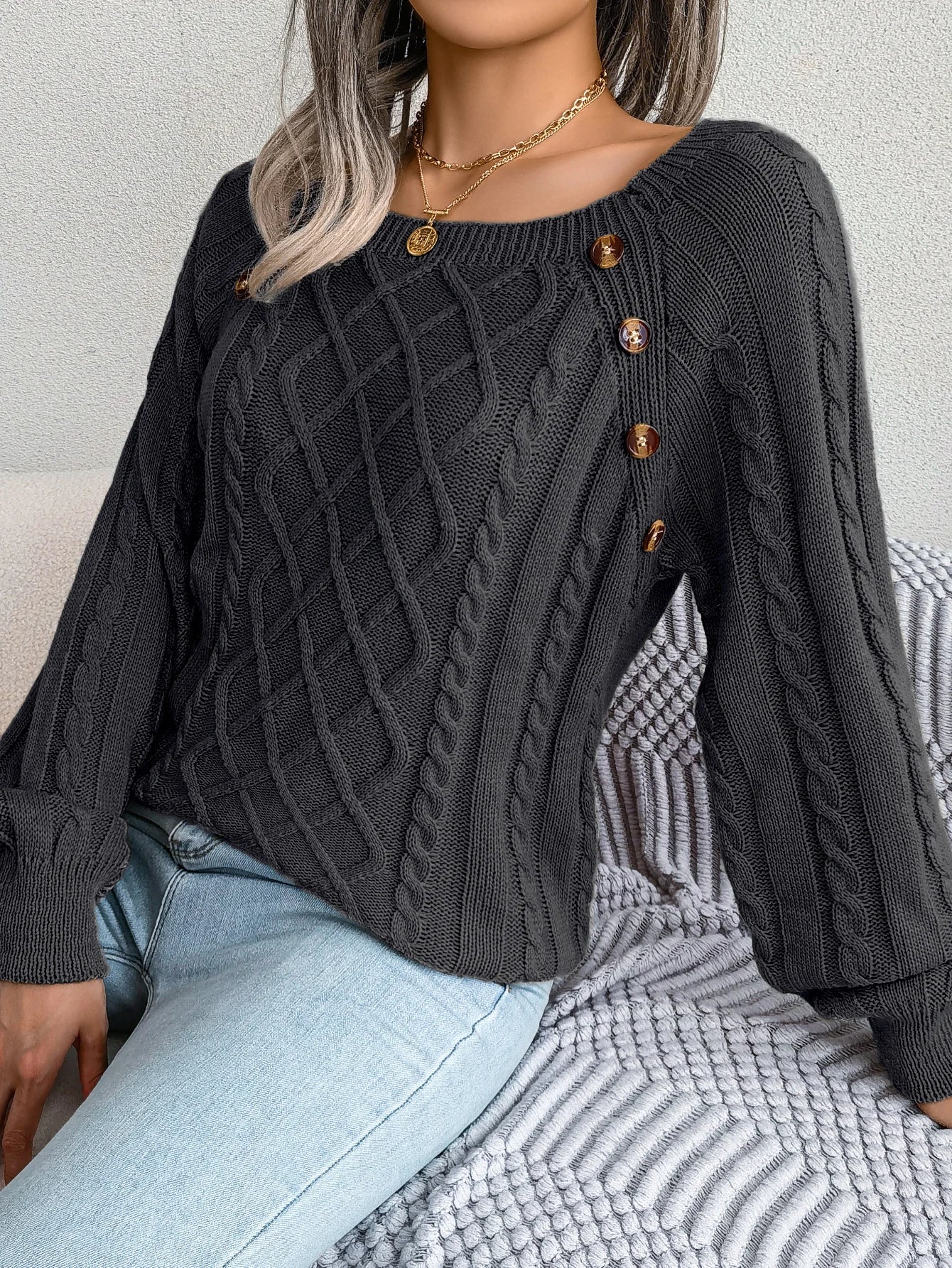 Women Casual Square Collar Buttons Long Sleeve Knitted Pullovers And Sweaters For Autumn Winter 2023