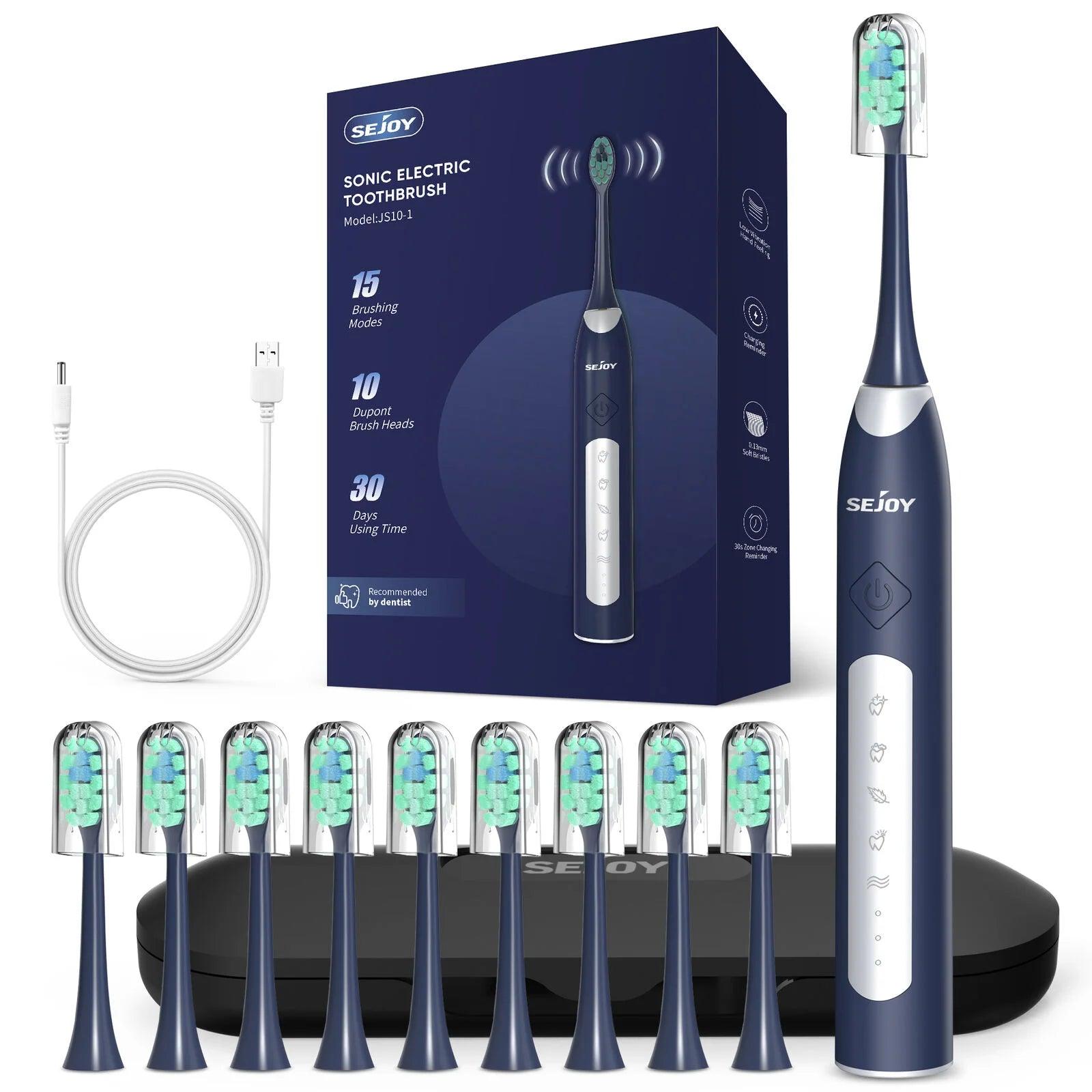Sejoy Sonic Electric Toothbrush for Adults Rechargeable 5 Cleaning Modes Ultra Sonic Toothbrush with 12 Brush Heads Smart Timer - Jess Deals