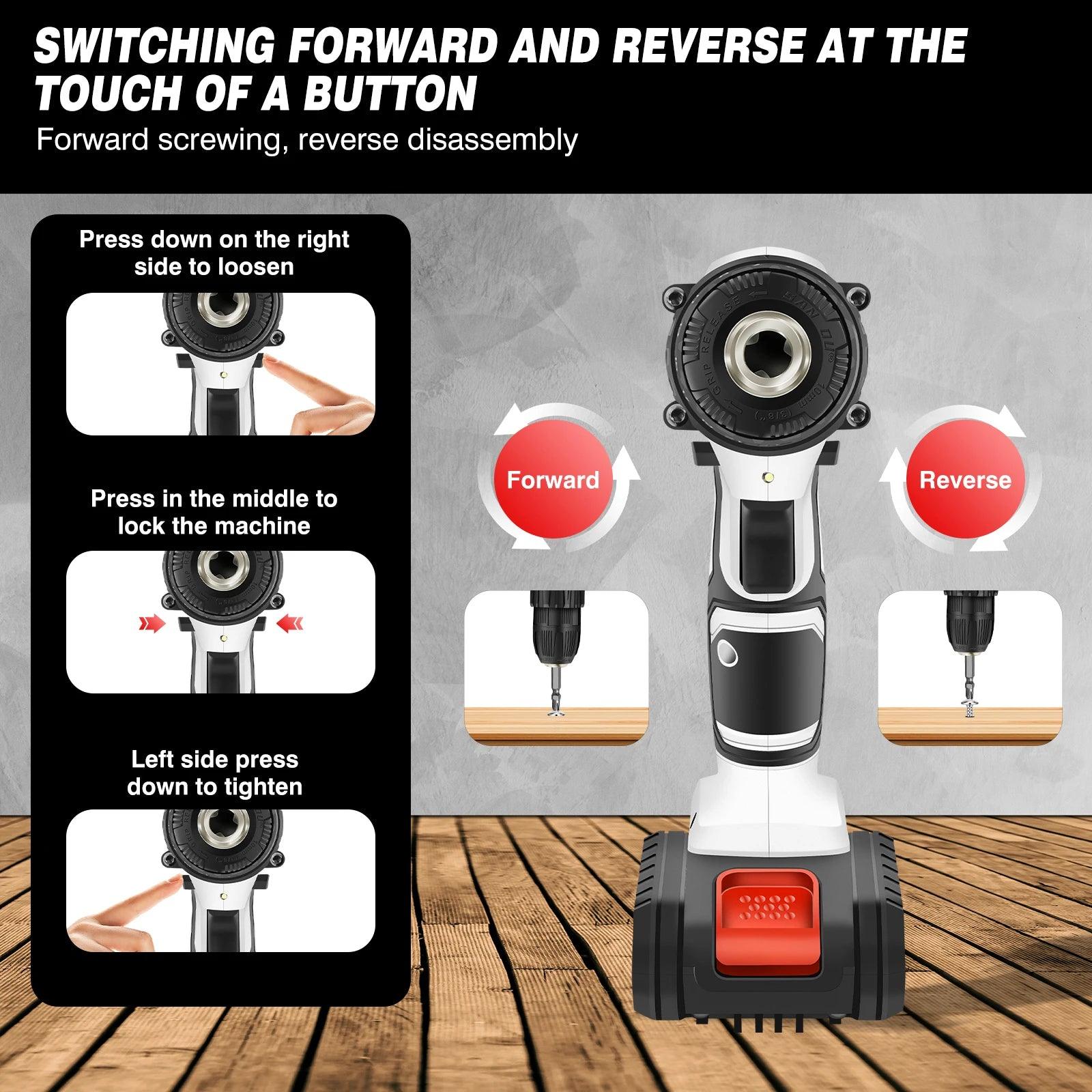 21V Portable Cordless Power Drill Set Impact Screw Driver with 1500mAh Li-Ion Rechargeable Battery 25+1 Torque Setting 45N.m - Jess Deals