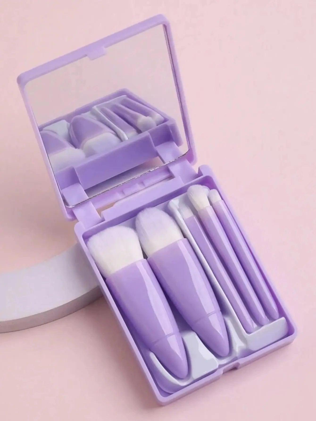 5pcs Travel Size Makeup Brushes Set Mini Makeup Brushes, Small Complete Function Cosmetic Brushes Kit With Case And Mirror Perfe - Jess Deals