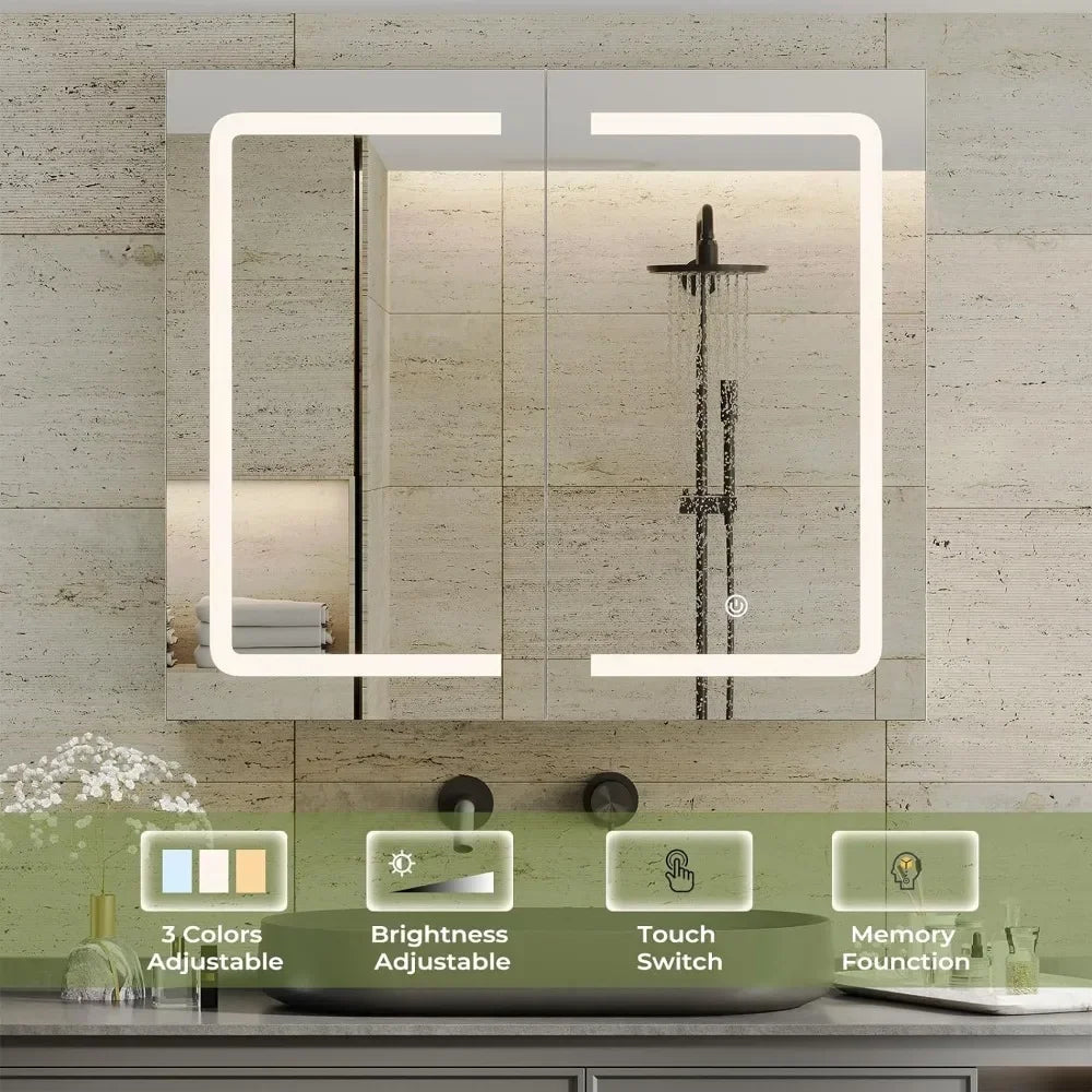 Bathroom Medicine Cabinet with Mirrors and Led Lights Double Doors Wall Mounted Mirror Cabinet