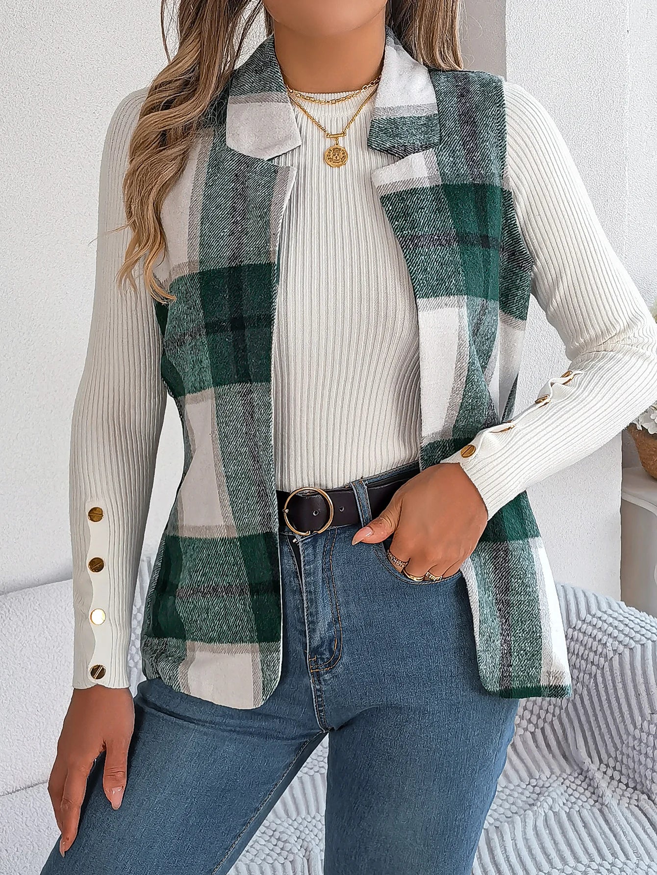 Autumn Winter Casual Plaid Sleeveless Woolen Jacket Vest Women Coats