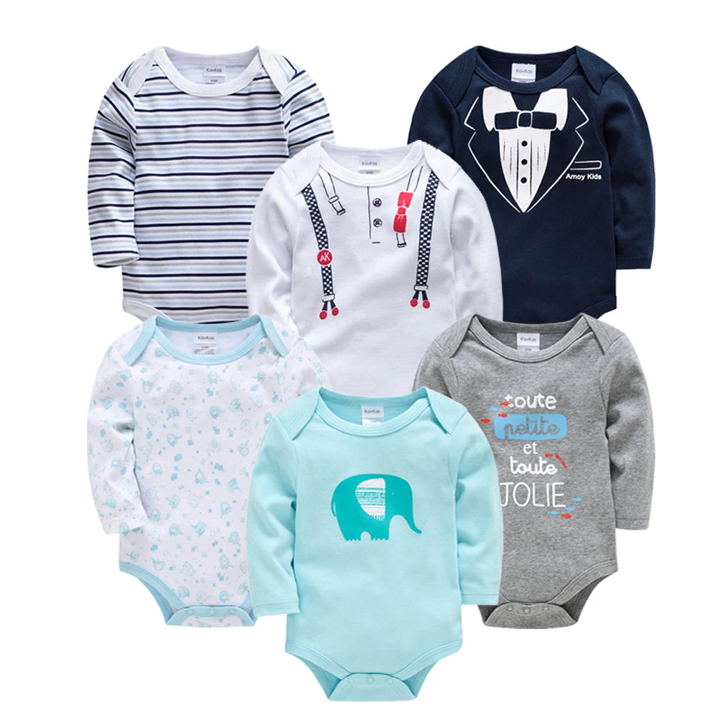 KAVKAS Baby Boy Clothes 6 Pcs/Lot Long Sleeve roupa bebes Bodysuit 0-24 Months Cartoon Print Newborn Cotton Jumpsuit