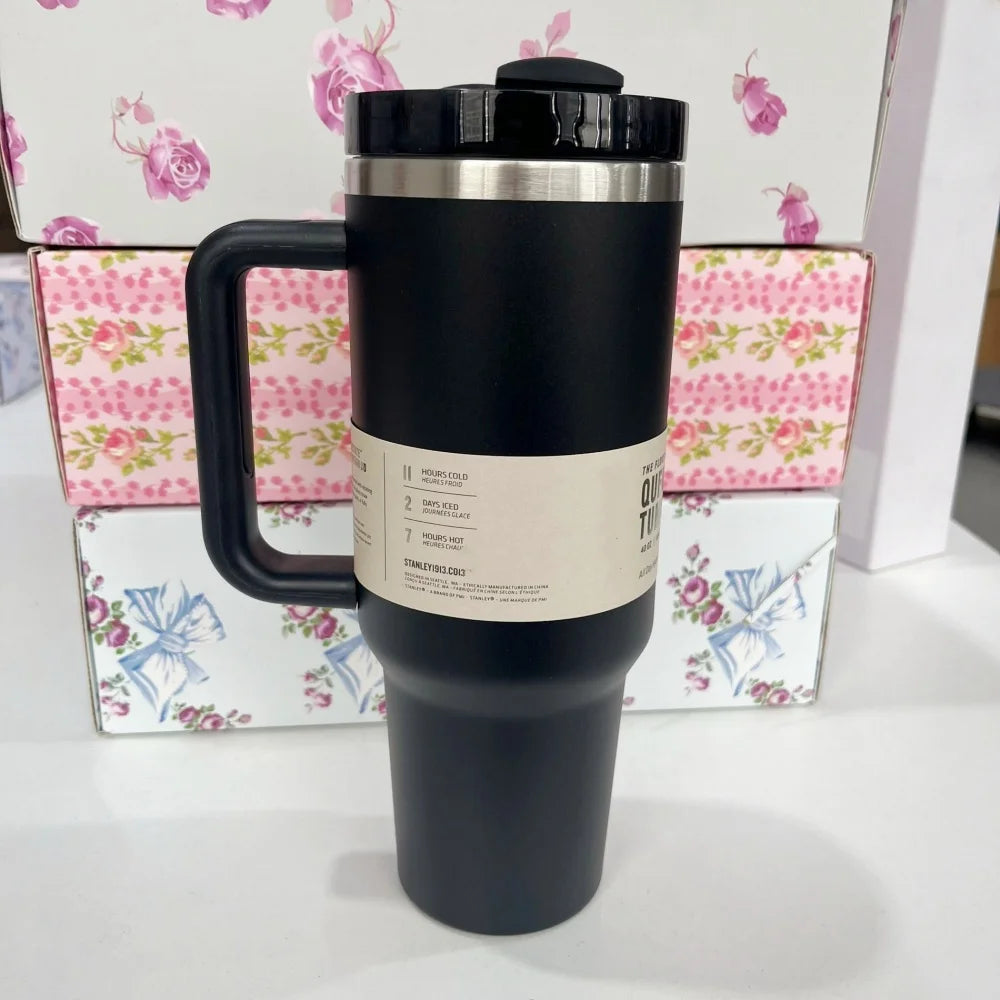40oz Insulated Stainless Steel Cup with Handle and Straw | Travel Cup Holder | BPA Free
