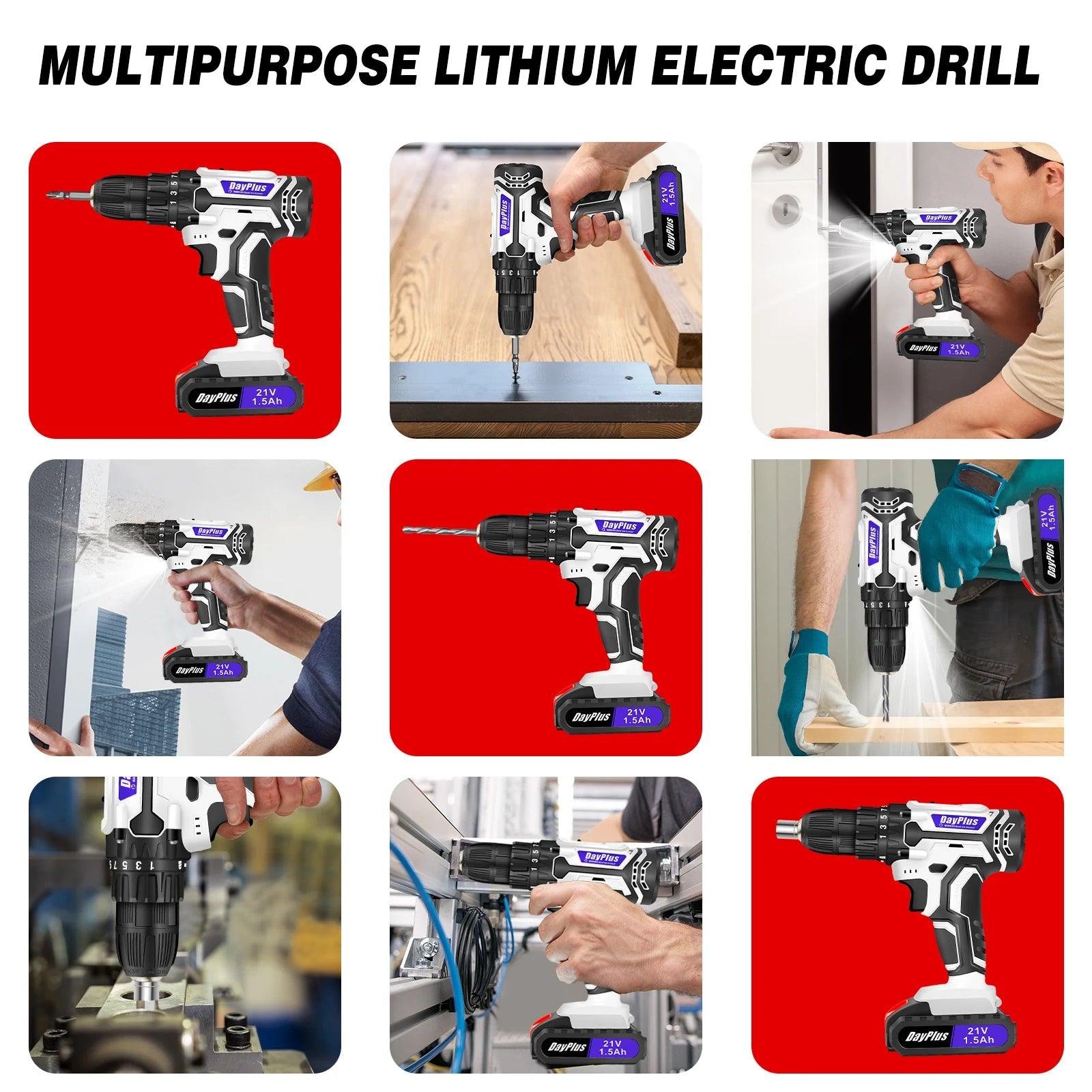 21V Portable Cordless Power Drill Set Impact Screw Driver with 1500mAh Li-Ion Rechargeable Battery 25+1 Torque Setting 45N.m - Jess Deals