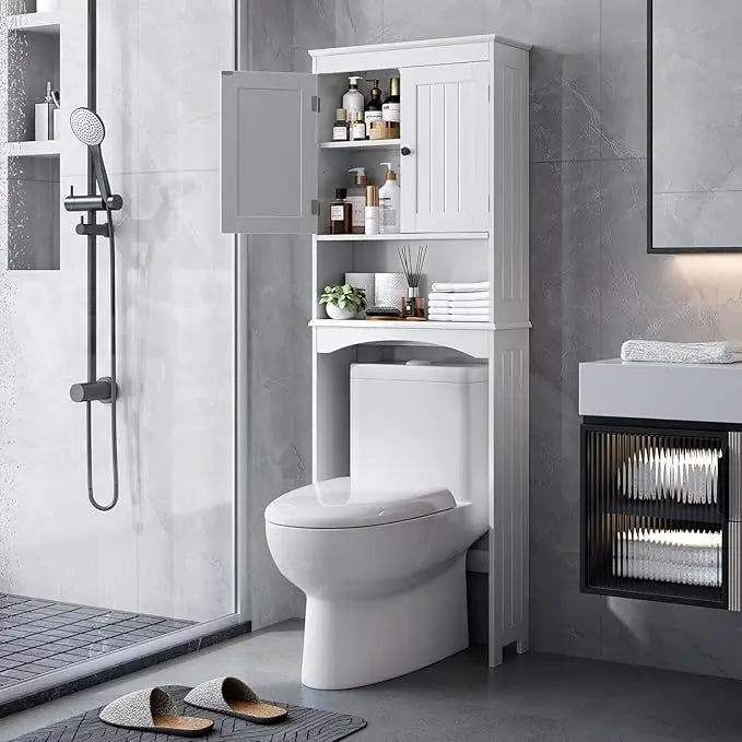 Maximize Bathroom Space with Over The Toilet Storage Cabinets Featuring Open and Adjustable Shelves