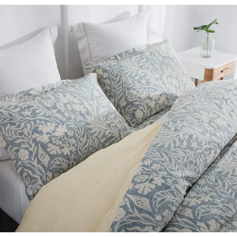 Duvet Cover Queen Size, 600 Thread Count Cotton Beige & Bluish Grey Printed with Luxurious Leaves Pattern Reversible Botanical