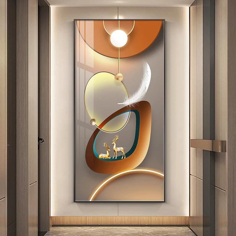 Abstract Luxury Geometry Feather Leaf Light Canvas Painting Deer Decorative Wall Art Golden Living Room - Jess Deals