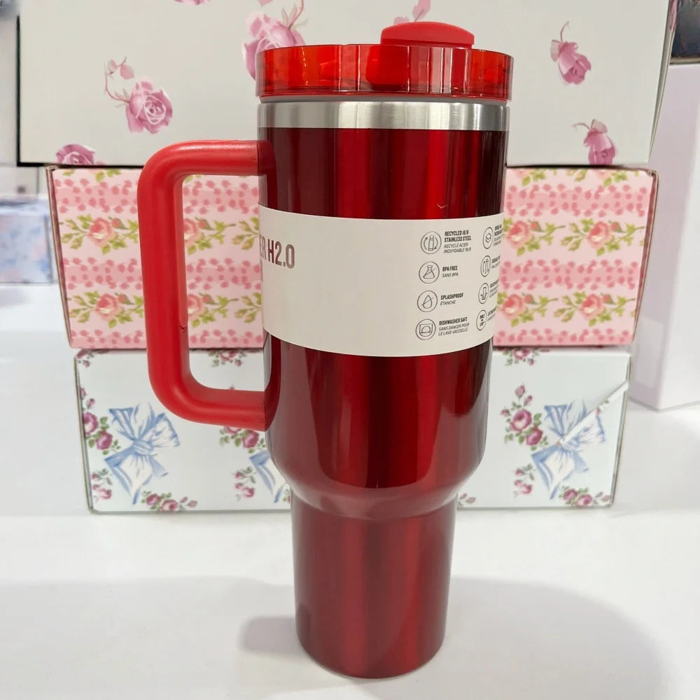 40oz Insulated Stainless Steel Cup with Handle and Straw | Travel Cup Holder | BPA Free