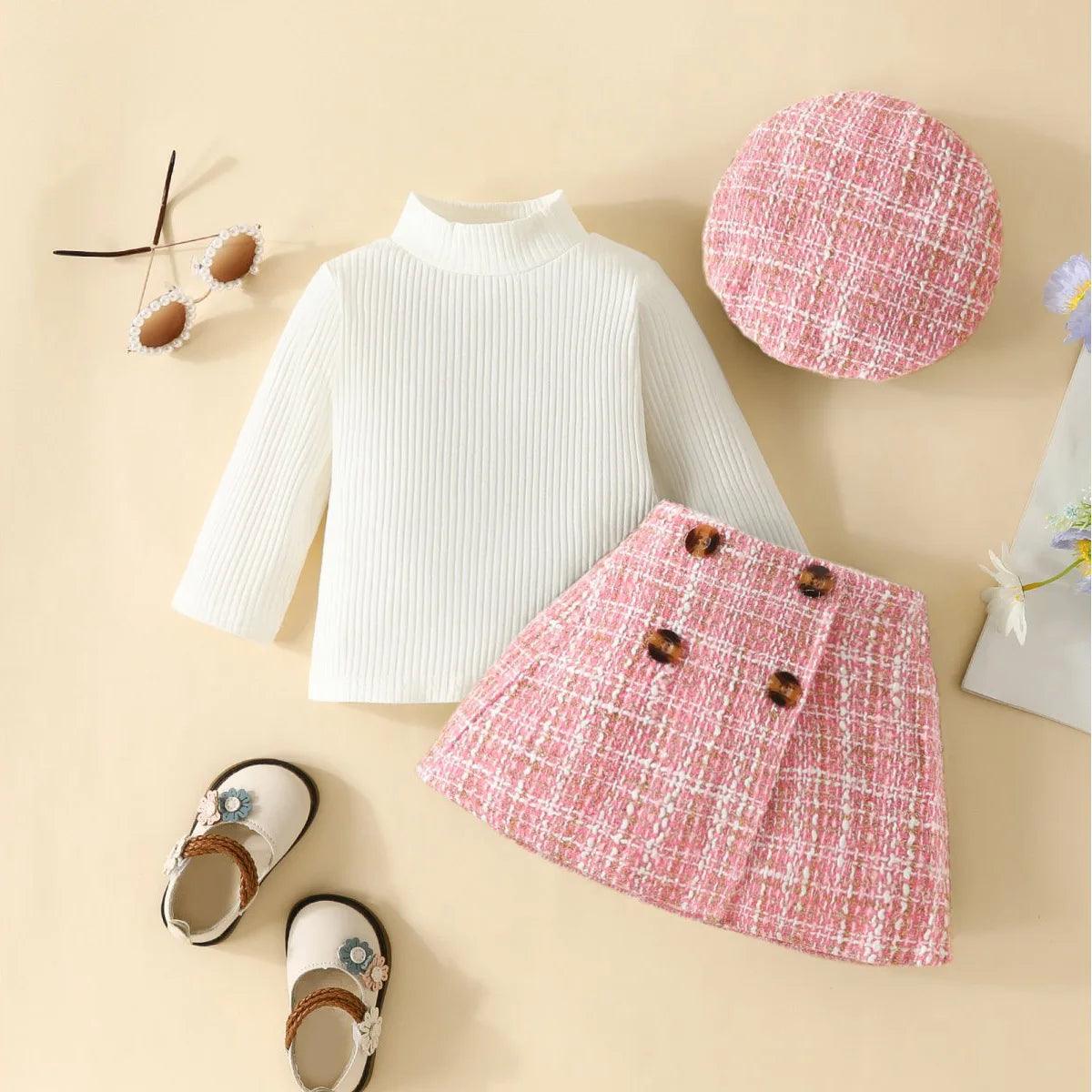 Toddler Baby Girl Skirt Set Fall Clothes Ribbed Tops Houndstooth Mini Skirt Dress Hat 3pcs Winter Outfits - Jess Deals