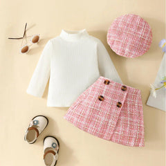 Toddler Baby Girl Skirt Set Fall Clothes Ribbed Tops Houndstooth Mini Skirt Dress Hat 3pcs Winter Outfits - Jess Deals