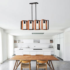 4-Light Kitchen Island Lights Pendant Light Farmhouse Dining Room Light Fixture, Rustic Wood and Black Metal Rectangular Chandel