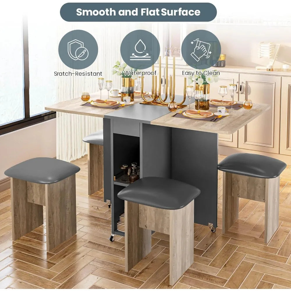Folding Dining Table Set for 4, Dinner Table with 4 Leather Chairs and Shelves, Space Saving Foldable Dining Table with 6 Wheels