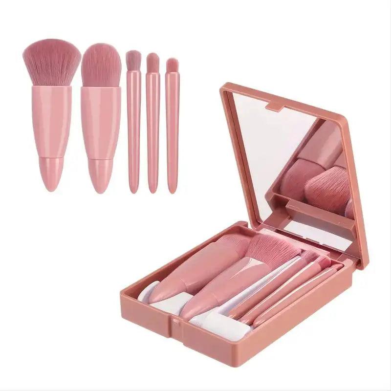 5pcs Travel Size Makeup Brushes Set Mini Makeup Brushes, Small Complete Function Cosmetic Brushes Kit With Case And Mirror Perfe - Jess Deals