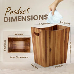 2 Gallons Rectangular Wastebasket - Acacia Wood Waste Basket with Handle