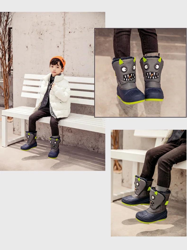 Winter Children Snow Boots Boys Girls Warm Waterproof Ski Boots Baby Cute Cartoon Dinosaur Print High Boots - Jess Deals