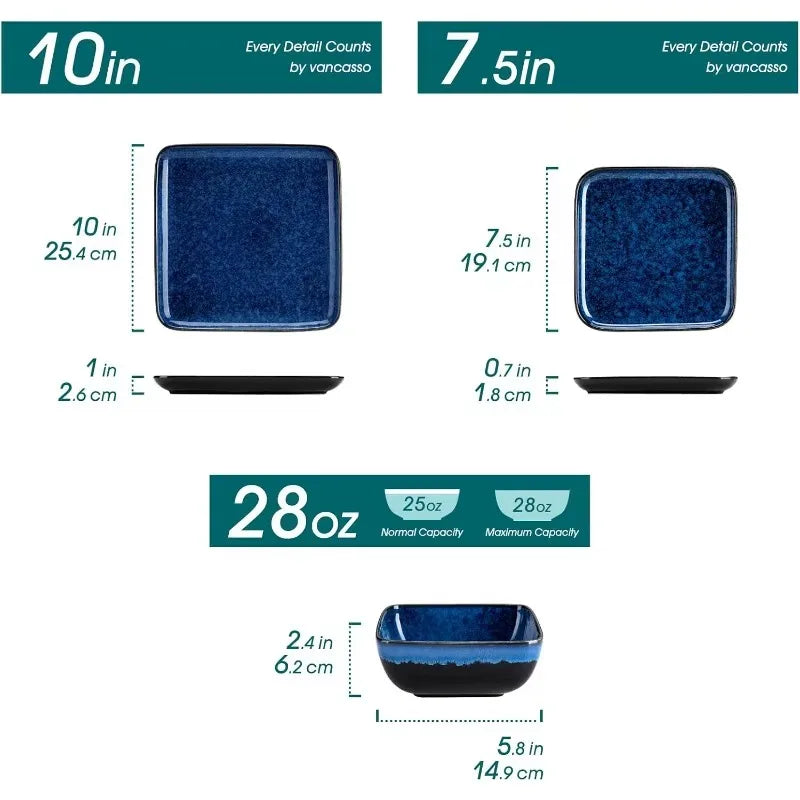 Stern Blue Dinner Set Square Reactive Glaze Tableware 12 Pieces Kitchen Dinnerware