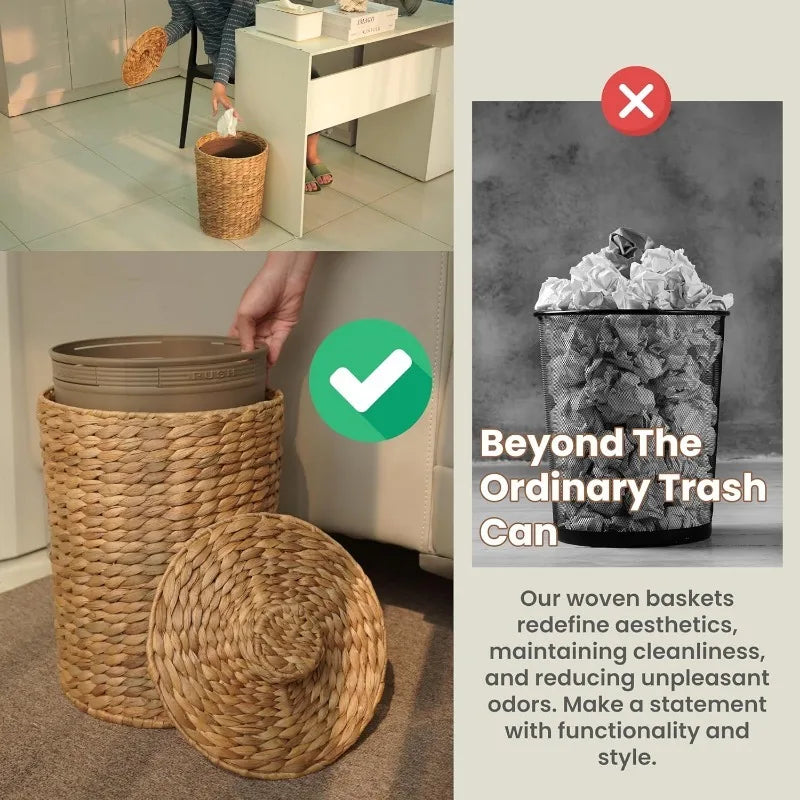 3 Gallons Wicker Woven Waste Basket with Lid  Handwoven