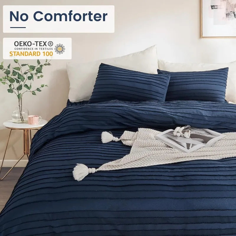 Duvet Cover Queen Size, Navy 3 Pieces Boho Tufted Duvet Cover Set, Soft and Lightweight Microfiber Comforter Cover Set