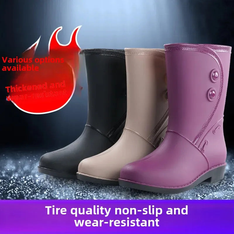 Outdoor Fashion Mid Tube Low Heel Women's Rain Boots Four Seasons Waterproof Car Wash Non-slip Kitchen Work Boots