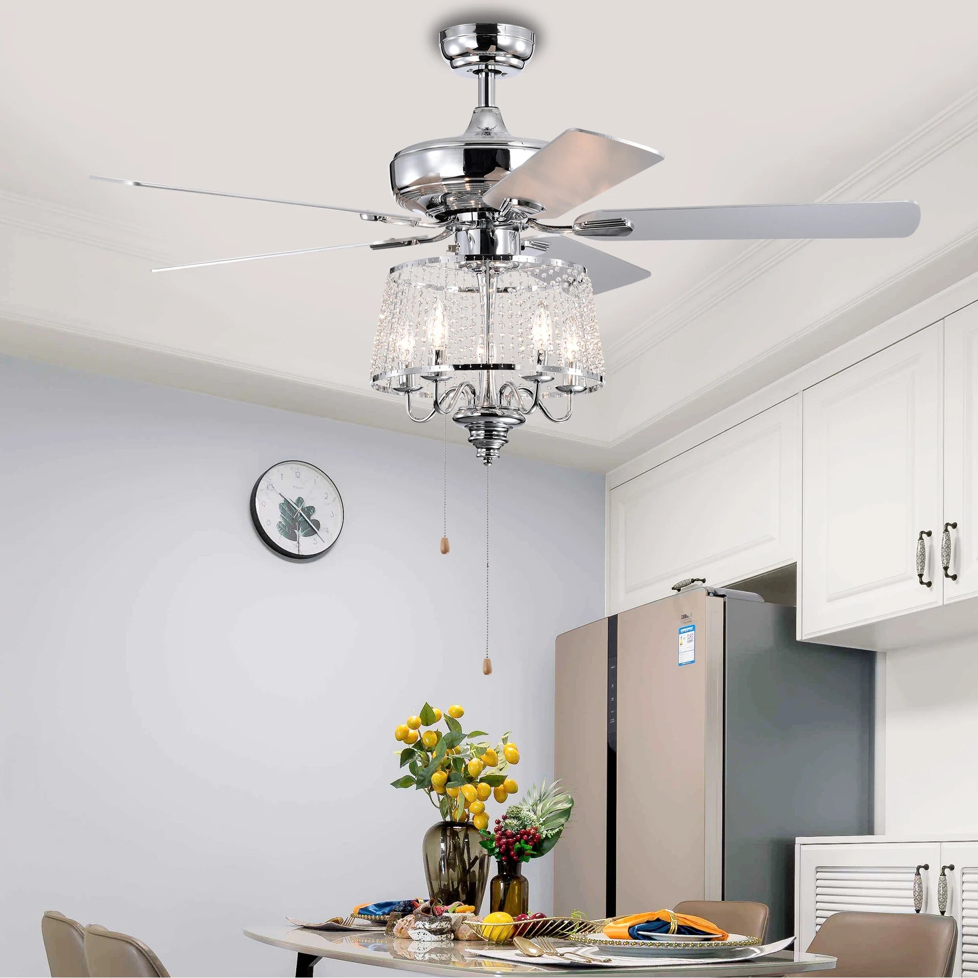 52 Inch Crystal Ceiling Fan , Modern Electrical Fan with 5 Wood Reversible Blades, 4 Bulbs Not Included,Noiseless Reversible AC