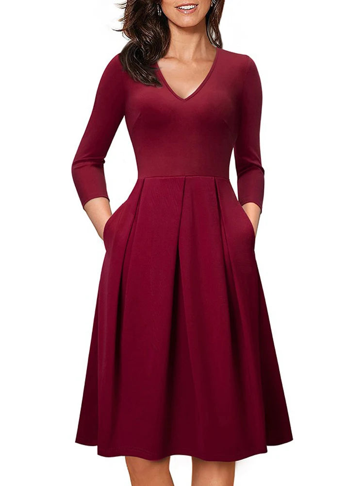 Nice-forever Vintage Solid Color V neckline Pinup Pockets vestidos A-Line Business Party Female Flare Swing Women Dress A191