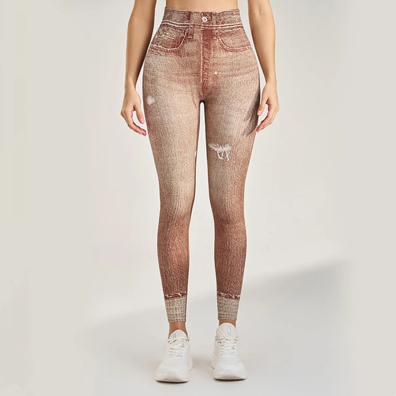 Women High Waist Sport Leggings Denim Pattern Yoga Pants Hip lifting Running Trousers Girls Elastic Quick Dry Gym Fitness Tights