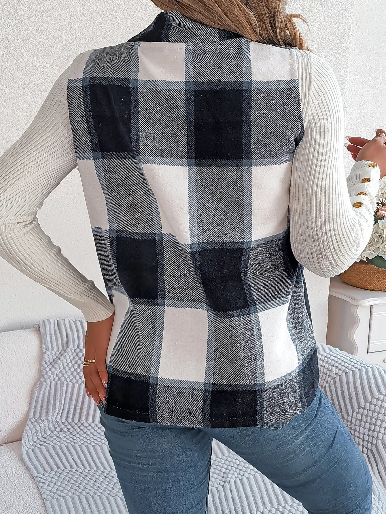 Autumn Winter Casual Plaid Sleeveless Woolen Jacket Vest Women Coats