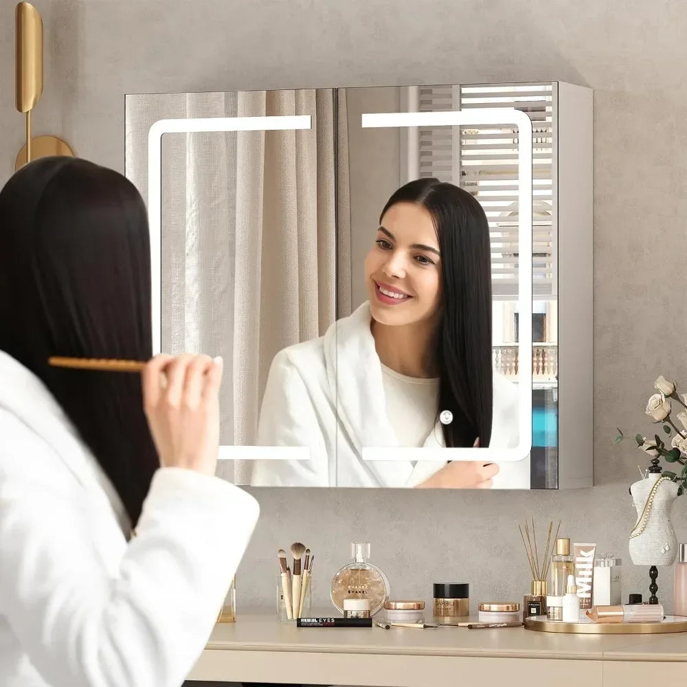 Bathroom Medicine Cabinet with Mirrors and Led Lights Double Doors Wall Mounted Mirror Cabinet