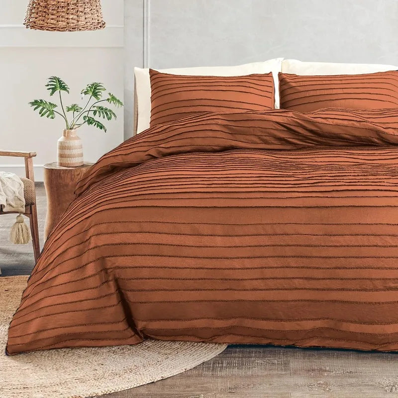 Duvet Cover Queen Size, Navy 3 Pieces Boho Tufted Duvet Cover Set, Soft and Lightweight Microfiber Comforter Cover Set