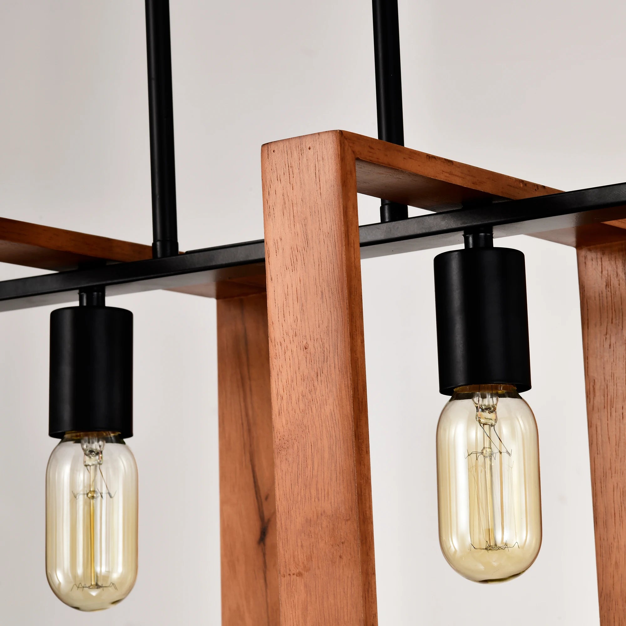 4-Light Kitchen Island Lights Pendant Light Farmhouse Dining Room Light Fixture, Rustic Wood and Black Metal Rectangular Chandel