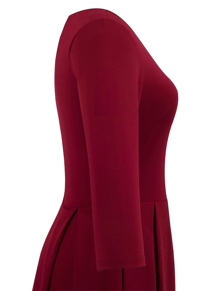 Nice-forever Vintage Solid Color V neckline Pinup Pockets vestidos A-Line Business Party Female Flare Swing Women Dress A191