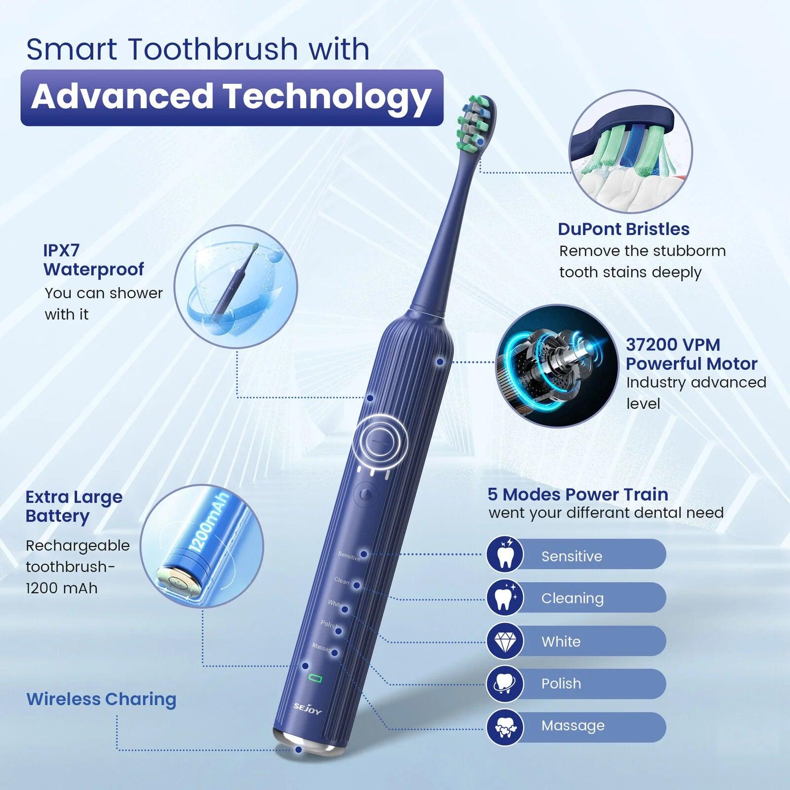 Sejoy Sonic Electric Toothbrush for Adults Rechargeable 5 Cleaning Modes Ultra Sonic Toothbrush with 12 Brush Heads Smart Timer - Jess Deals