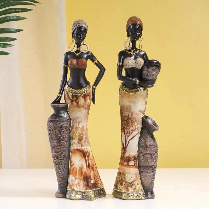 African Women Figurines Exotic Resin Character Statue Retro Black Women Sculpture Vintage Home Decor for Interior Cabinet - Jess Deals