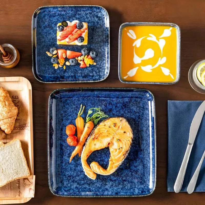 Stern Blue Dinner Set Square Reactive Glaze Tableware 12 Pieces Kitchen Dinnerware