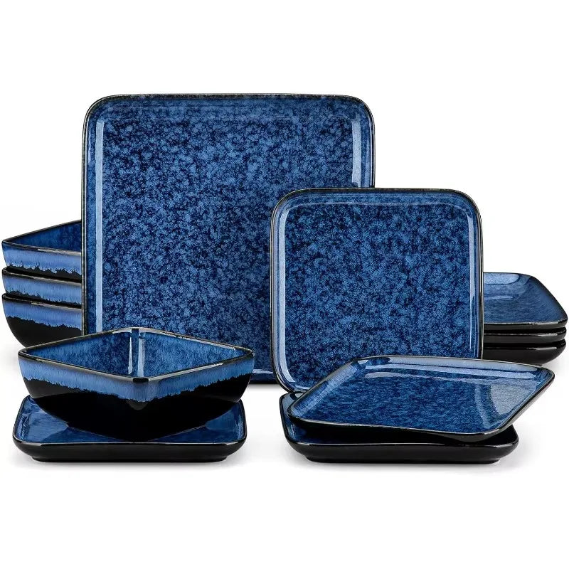 Stern Blue Dinner Set Square Reactive Glaze Tableware 12 Pieces Kitchen Dinnerware
