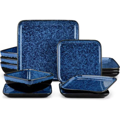 Stern Blue Dinner Set Square Reactive Glaze Tableware 12 Pieces Kitchen Dinnerware