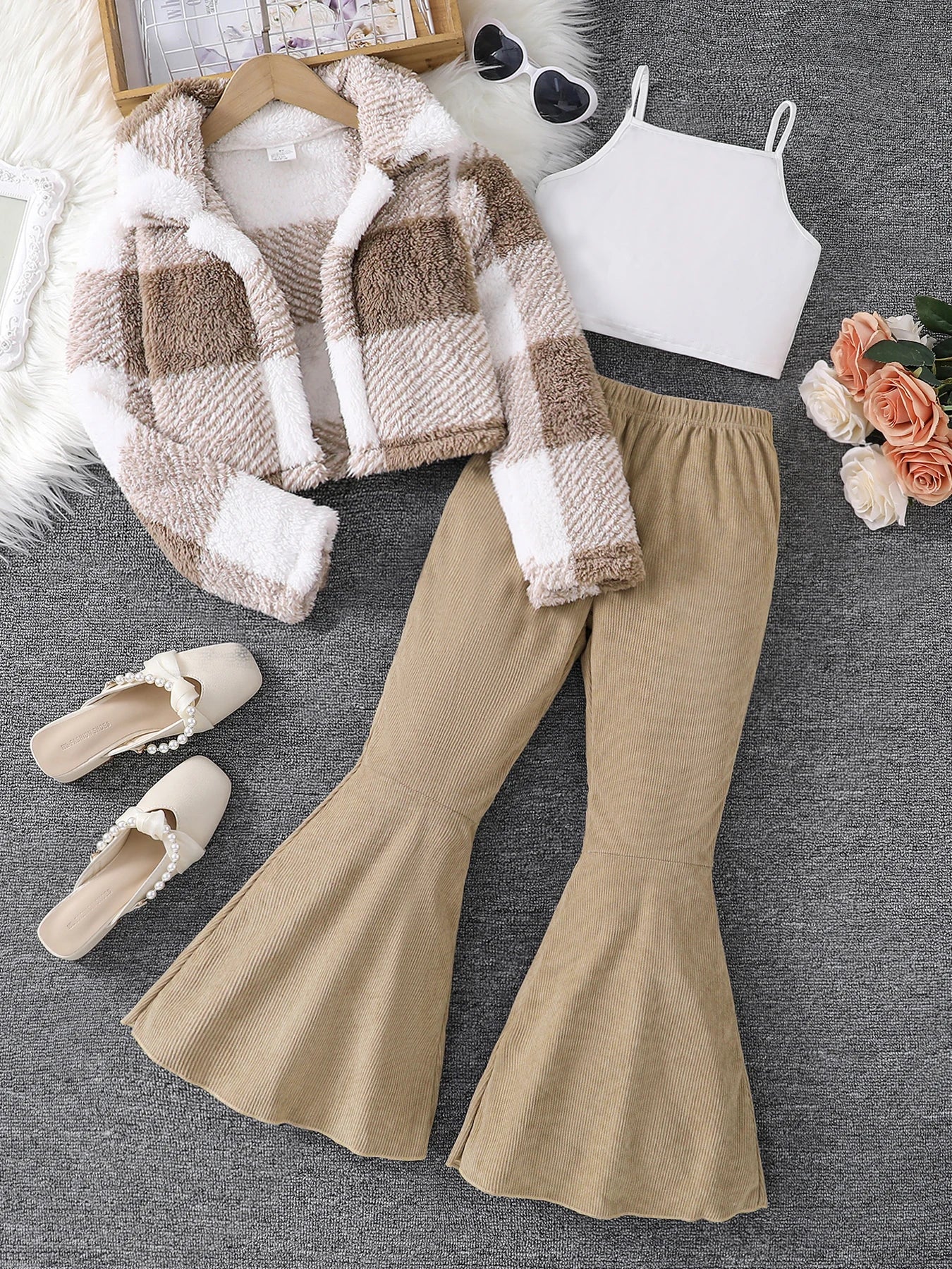 Children's Autumn Girls' Fashion Set 3-piece Fleece Checkered Coat+White Strap Bottom Shirt+Slimming Fishtail Pants