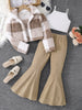 Children's Autumn Girls' Fashion Set 3-piece Fleece Checkered Coat+White Strap Bottom Shirt+Slimming Fishtail Pants