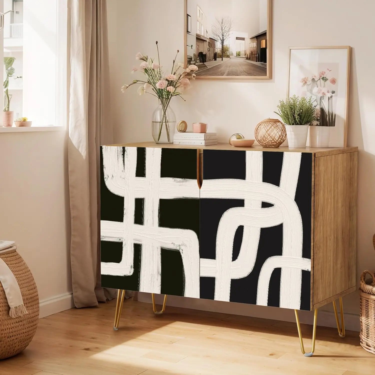 Sideboard Buffet Cabinet, Kitchen Storage Cabinet with 2 Doors, Black, Brown & Gold Geometric Polygons Abstract Shapes