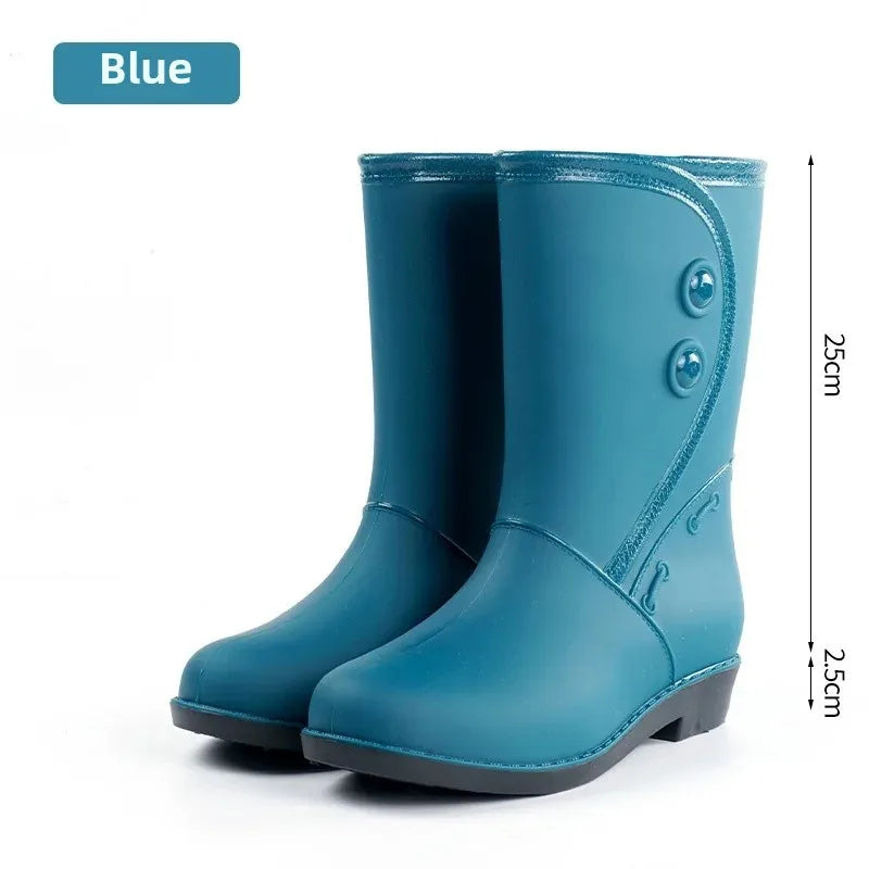Outdoor Fashion Mid Tube Low Heel Women's Rain Boots Four Seasons Waterproof Car Wash Non-slip Kitchen Work Boots
