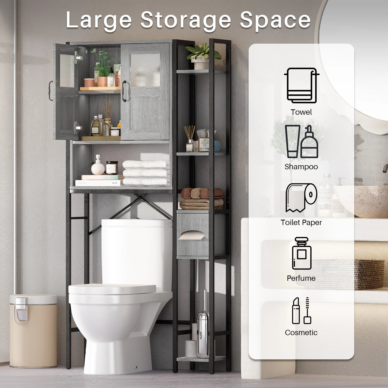 Over The Toilet Cabinet, Bathroom Storage Organizer 64.6 inch Tall Toilet Rack w/ Adjustable Open Shelves & Double Doors