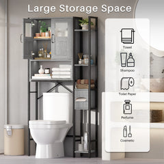Over The Toilet Cabinet, Bathroom Storage Organizer 64.6 inch Tall Toilet Rack w/ Adjustable Open Shelves & Double Doors