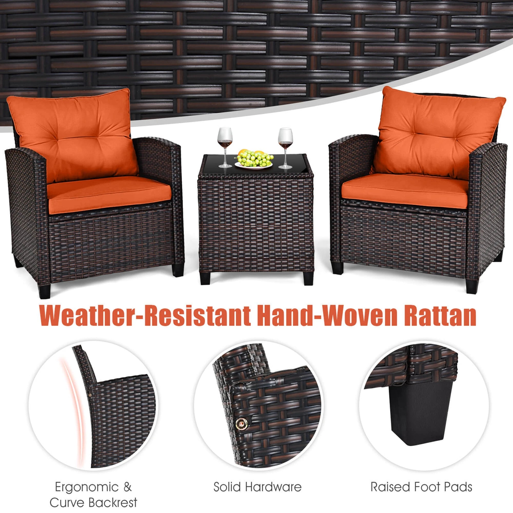 3 PCS Patio Rattan Furniture Set Cushioned Conversation Set Sofa Orange