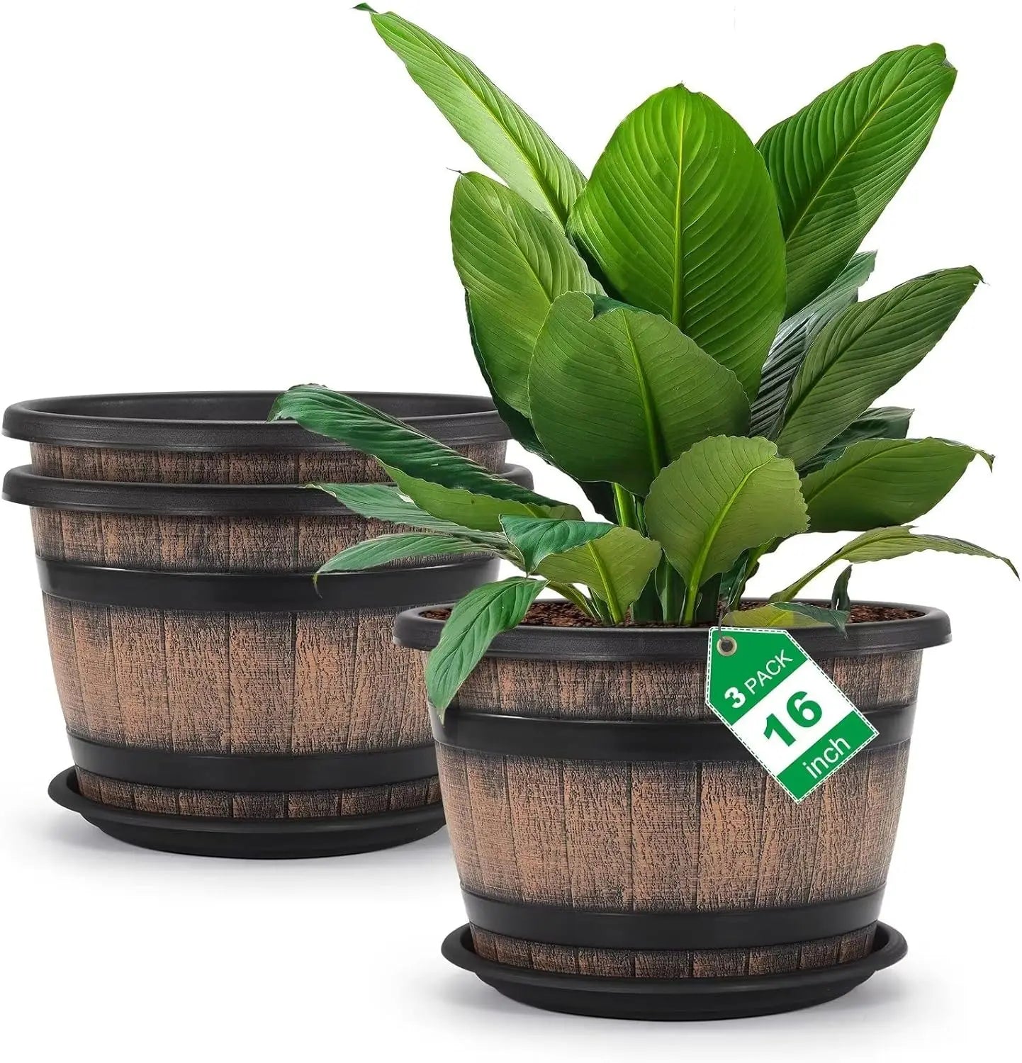 3 Pack 16 inch Plant Pots,Whiskey Barrel Planters with Drainage Holes & Saucer Flower Pots Imitation Wine Barrel Design